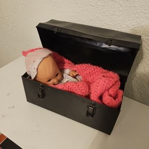 Antigue Lunch Pail, Doll And Croteched Blanket